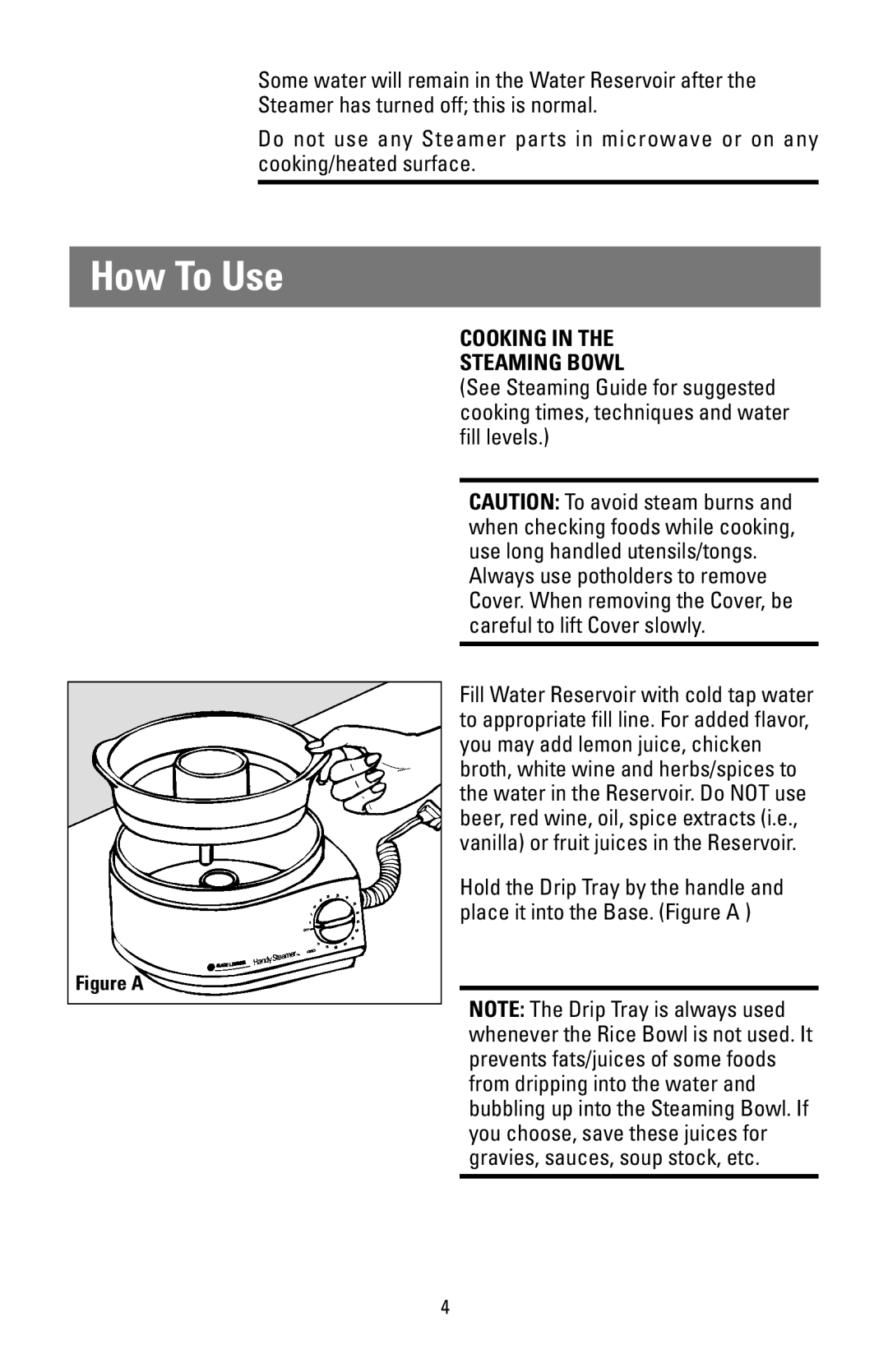 Black & Decker HS90 manual How To Use, Cooking In The Steaming Bowl 