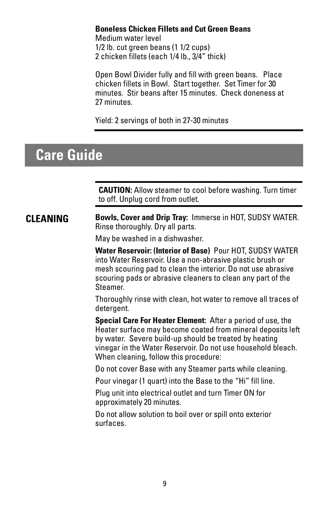 Black & Decker HS90 manual Care Guide, Cleaning, Boneless Chicken Fillets and Cut Green Beans 