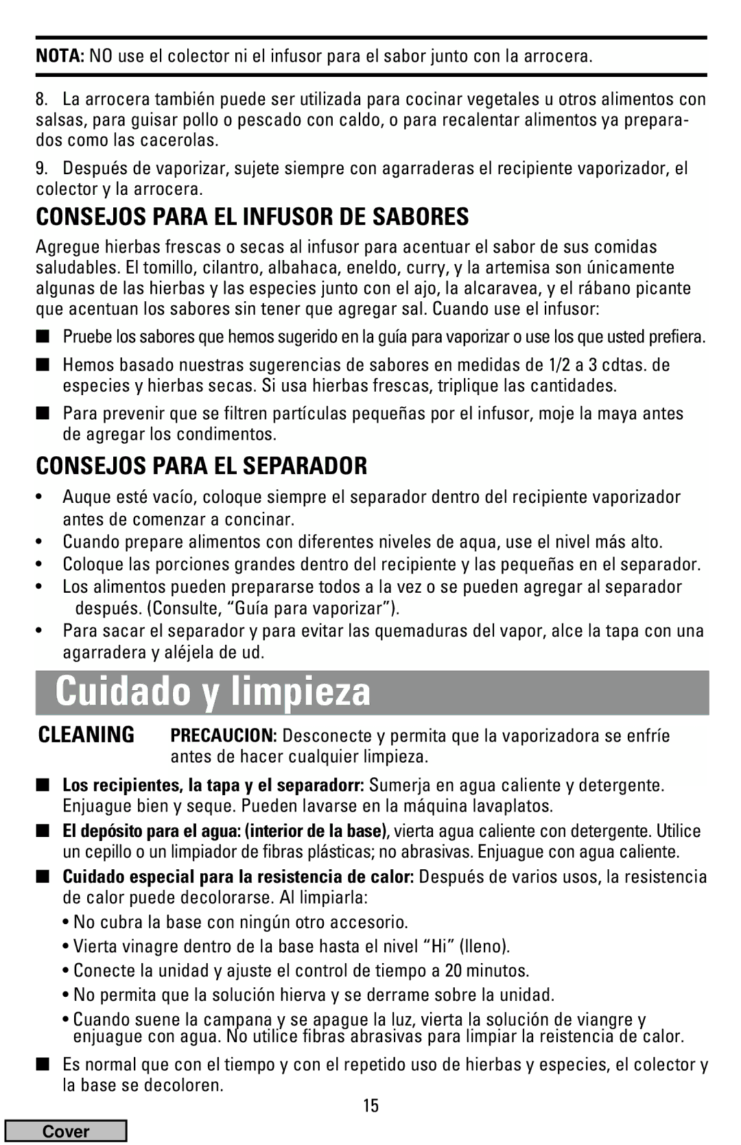 Black & Decker HS900 manual Cuidado y limpieza, Consejos Para EL Infusor DE Sabores, Consejos Para EL Separador 