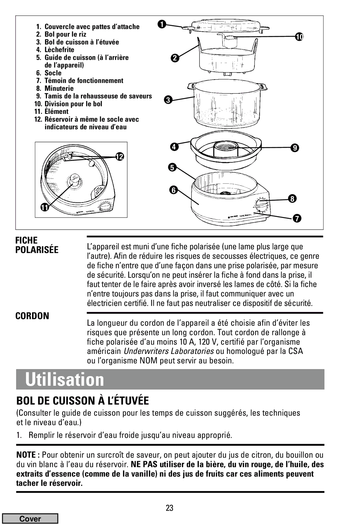 Black & Decker HS900 manual Utilisation, BOL DE Cuisson À L’ÉTUVÉE, Tamis de la rehausseuse de saveurs 