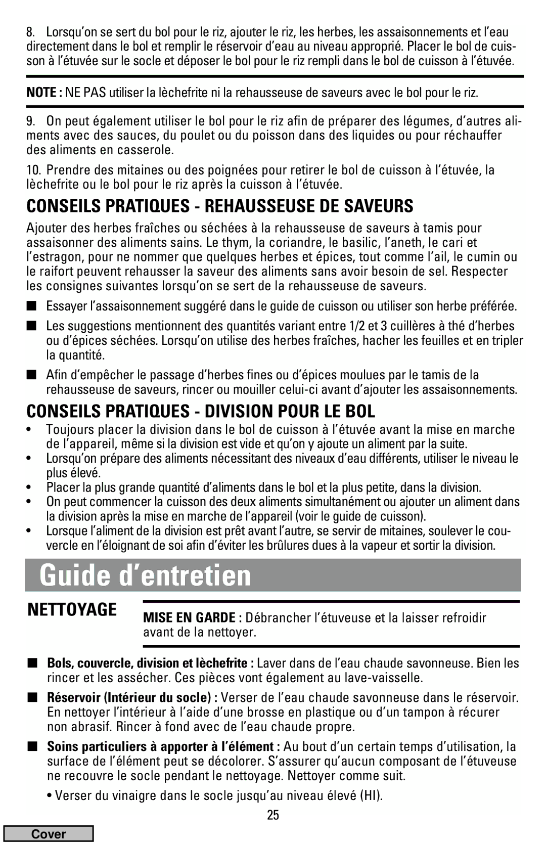 Black & Decker HS900 Guide d’entretien, Conseils Pratiques Rehausseuse DE Saveurs, Conseils Pratiques Division Pour LE BOL 