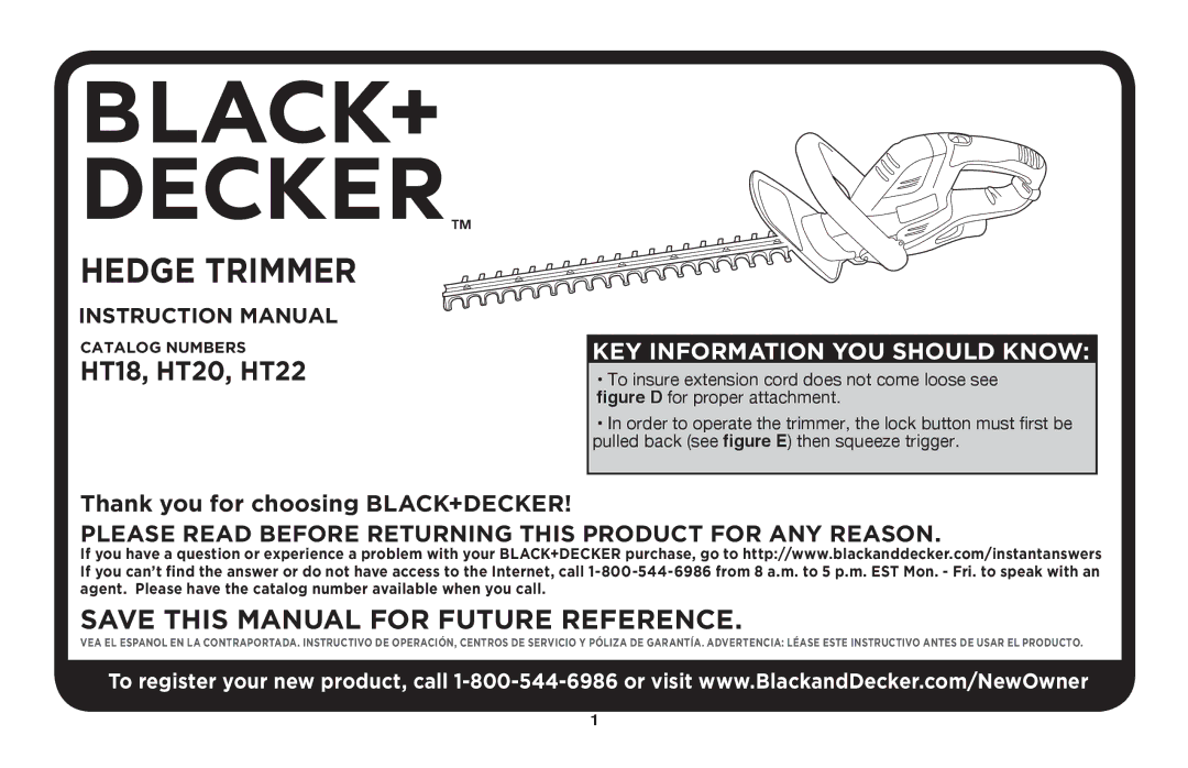 Black & Decker HT18, HT20 instruction manual Hedge Trimmer 