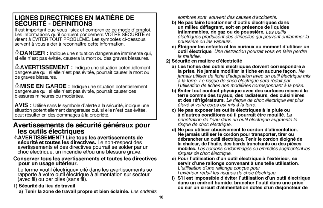 Black & Decker HT20, HT18 instruction manual Lignes directrices en matière de sécurité définitions 