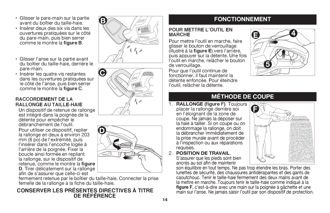 Black & Decker HT20, HT18 instruction manual Pour mettre l’outil en marche, Raccordement de la Rallonge au taille-haie 