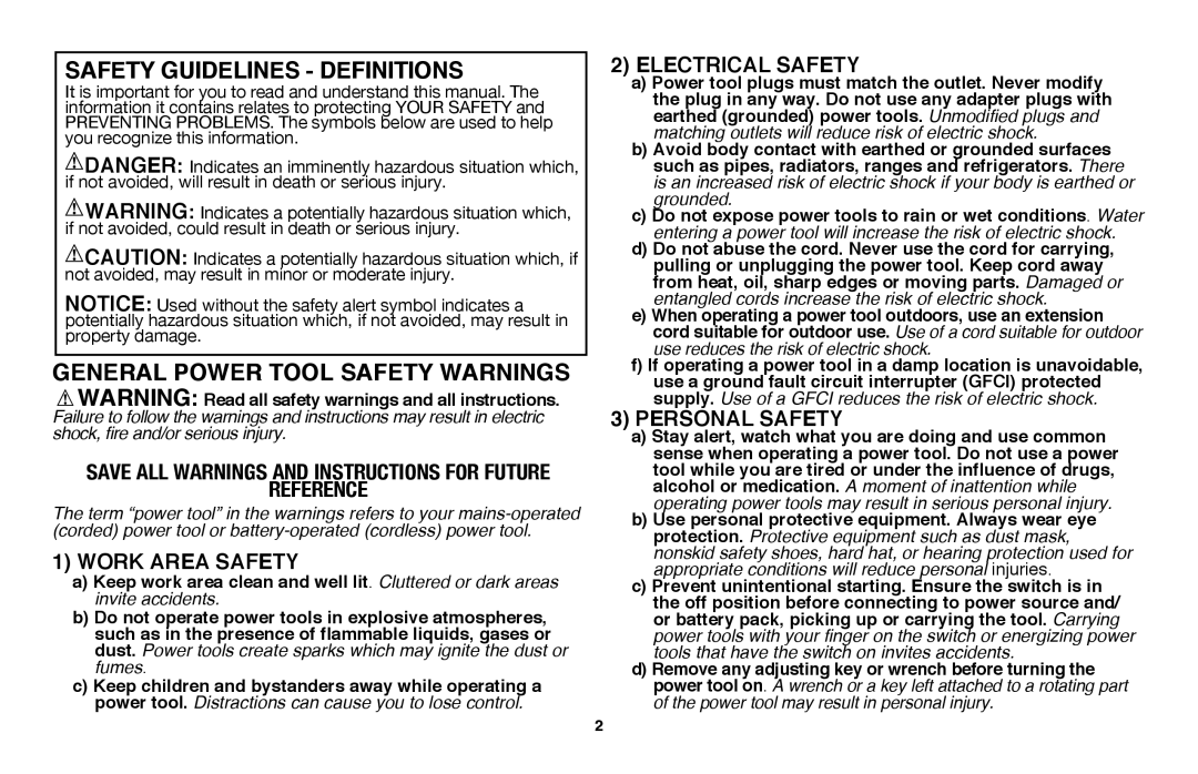 Black & Decker HT20, HT18 General Power Tool Safety Warnings, Work Area Safety,  Electrical safety, Personal safety 