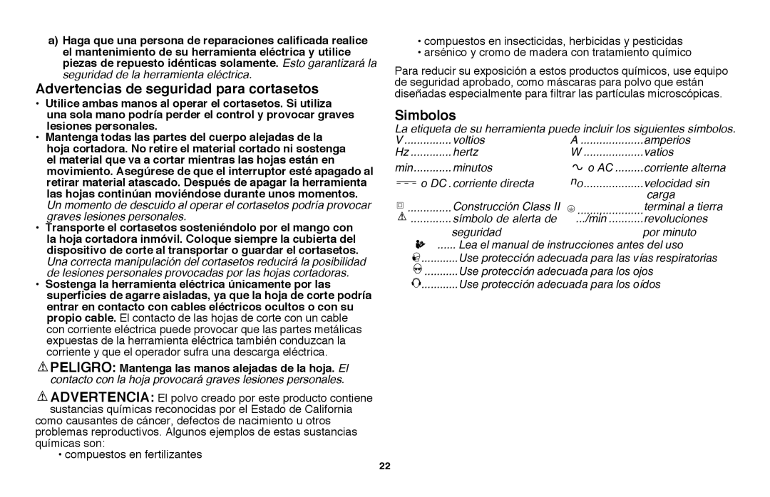 Black & Decker HT20, HT18 instruction manual Advertencias de seguridad para cortasetos, Simbolos 