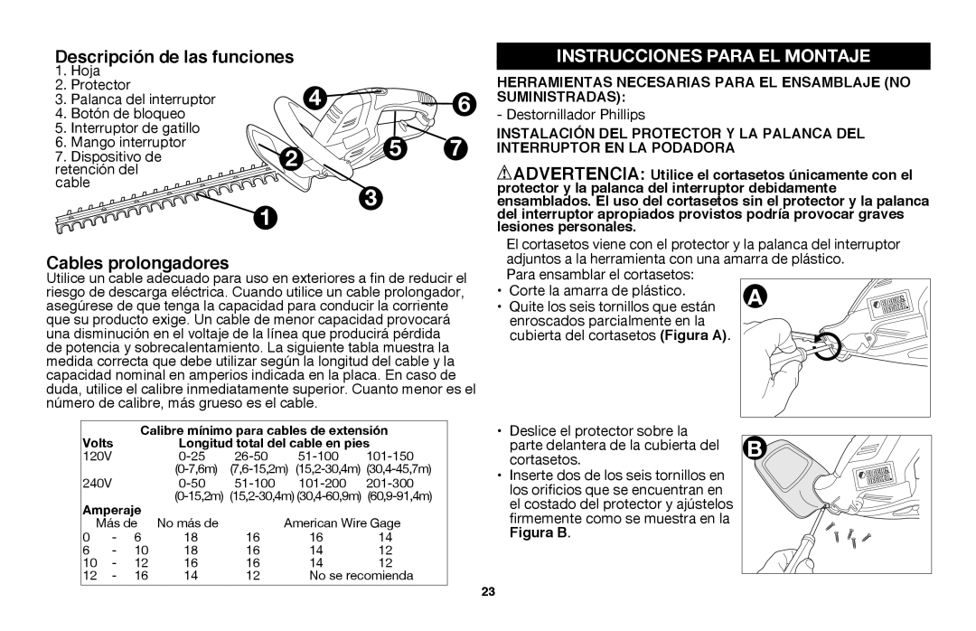 Black & Decker HT18, HT20 instruction manual Descripción de las funciones, Cables prolongadores 