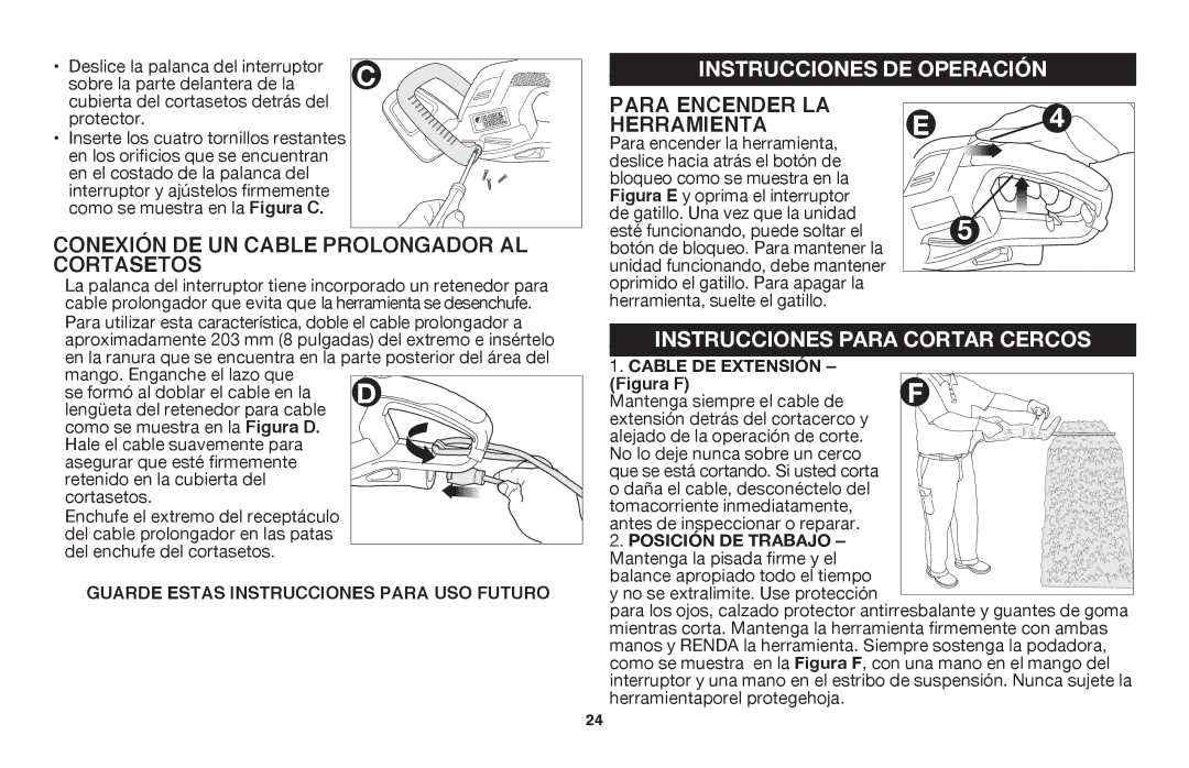 Black & Decker HT20, HT18 instruction manual Conexión de un cable prolongador al cortasetos, Para encender la herramienta 