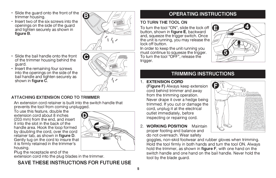 Black & Decker HT18, HT20 Operating instructions, Trimming instructions, Save these instructions for future use 