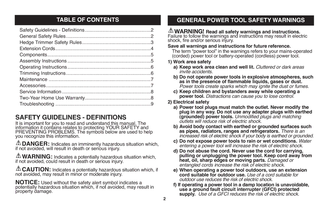 Black & Decker HT18, HT22, HT20 Safety Guidelines Definitions, Table of Contents, General Power Tool Safety Warnings 