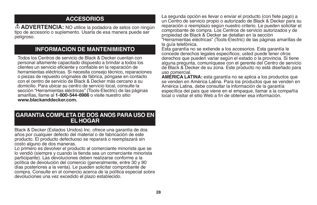 Black & Decker HT20, HT22, HT18 instruction manual Advertencia Accesorios, Garantia Completa DE DOS Anos Para USO EN EL Hogar 