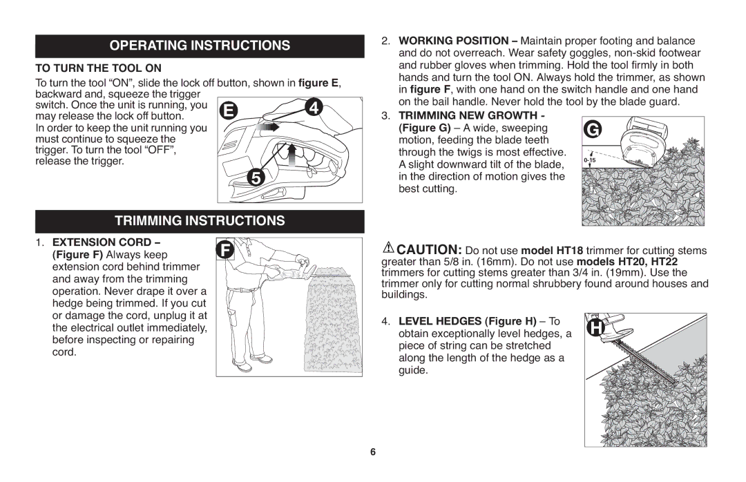 Black & Decker HT22, HT20, HT18 instruction manual Operating Instructions, Trimming Instructions, To Turn the Tool on 