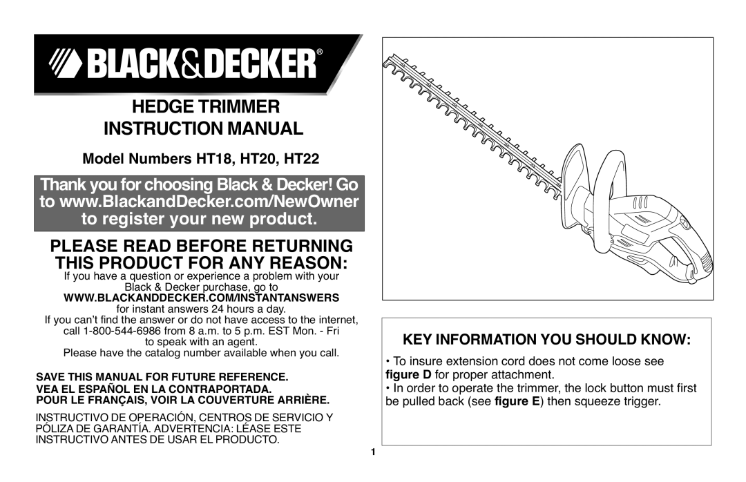 Black & Decker HT20, HT22, HT18 instruction manual Hedge Trimmer, Instructionmanual, Please Read Before Returning 