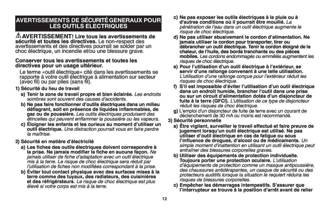 Black & Decker HT22, HT20, HT18 instruction manual Les Outils Electriques, Avertissements De Sécurité, Generaux Pour 