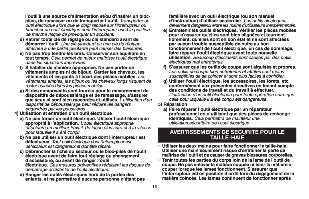 Black & Decker HT20, HT22, HT18 instruction manual Avertissements De Securite Pour Le Taille-Haie 