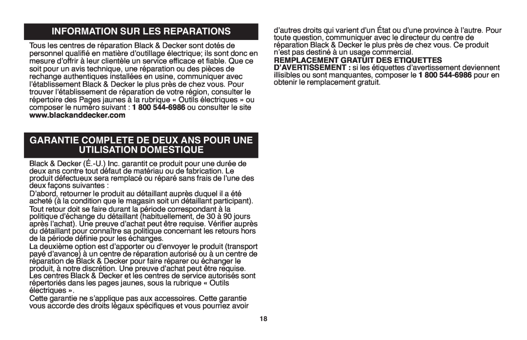 Black & Decker HT22, HT20, HT18 instruction manual Garantie Complete De Deux Ans Pour Une, Utilisation Domestique 
