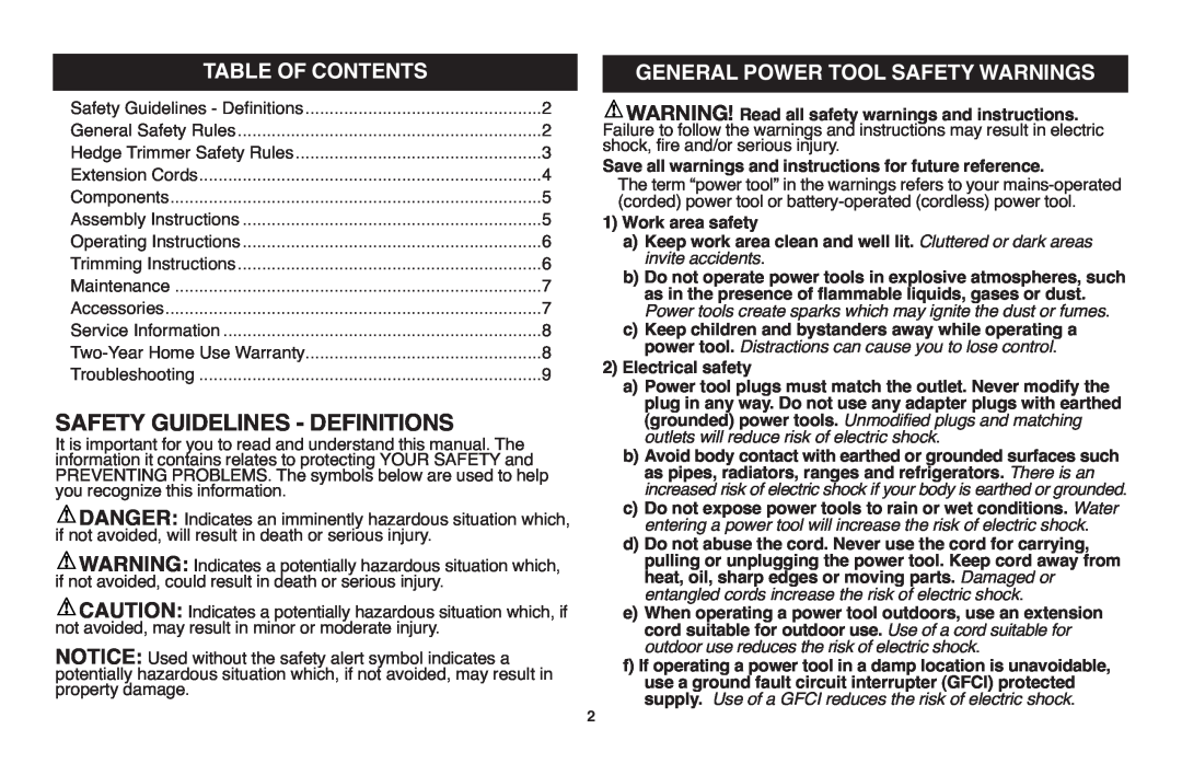 Black & Decker HT18, HT22, HT20 Safety Guidelines - Definitions, Table Of Contents, General Power Tool Safety Warnings 