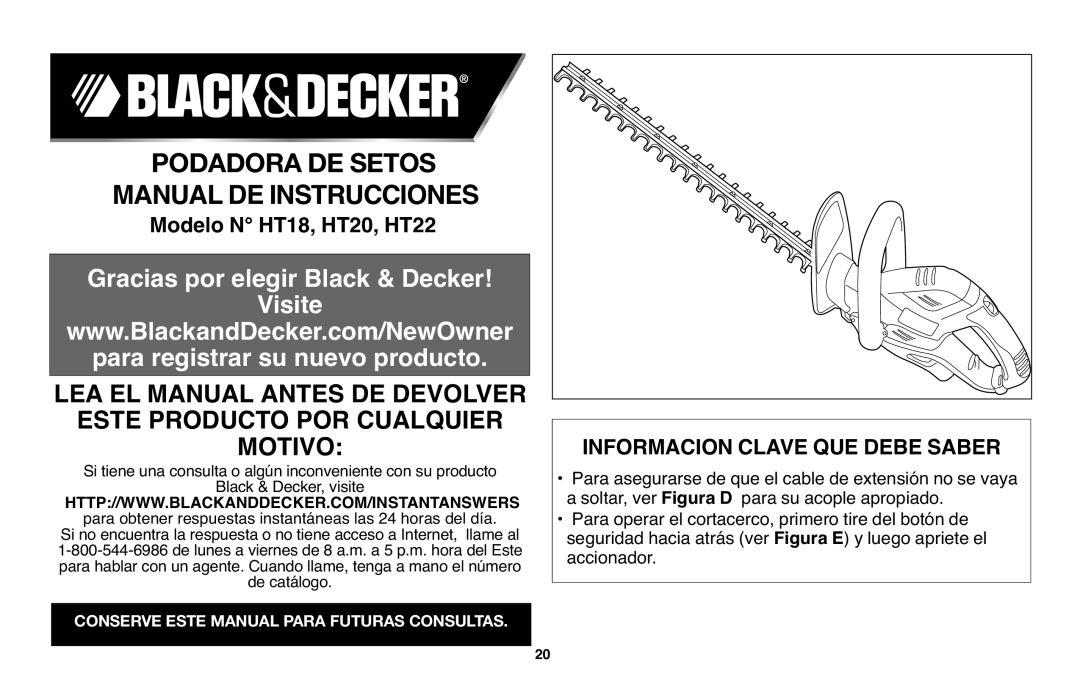 Black & Decker HT18, HT22, HT20 instruction manual Informacion Clave Que Debe Saber, Manualpodadeorainstruccionesde Set S 