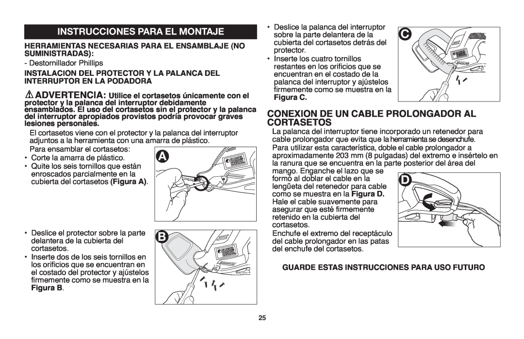 Black & Decker HT20, HT22, HT18 Instrucciones Para El Montaje, Conexion De Un Cable Prolongador Al, Cortasetos 
