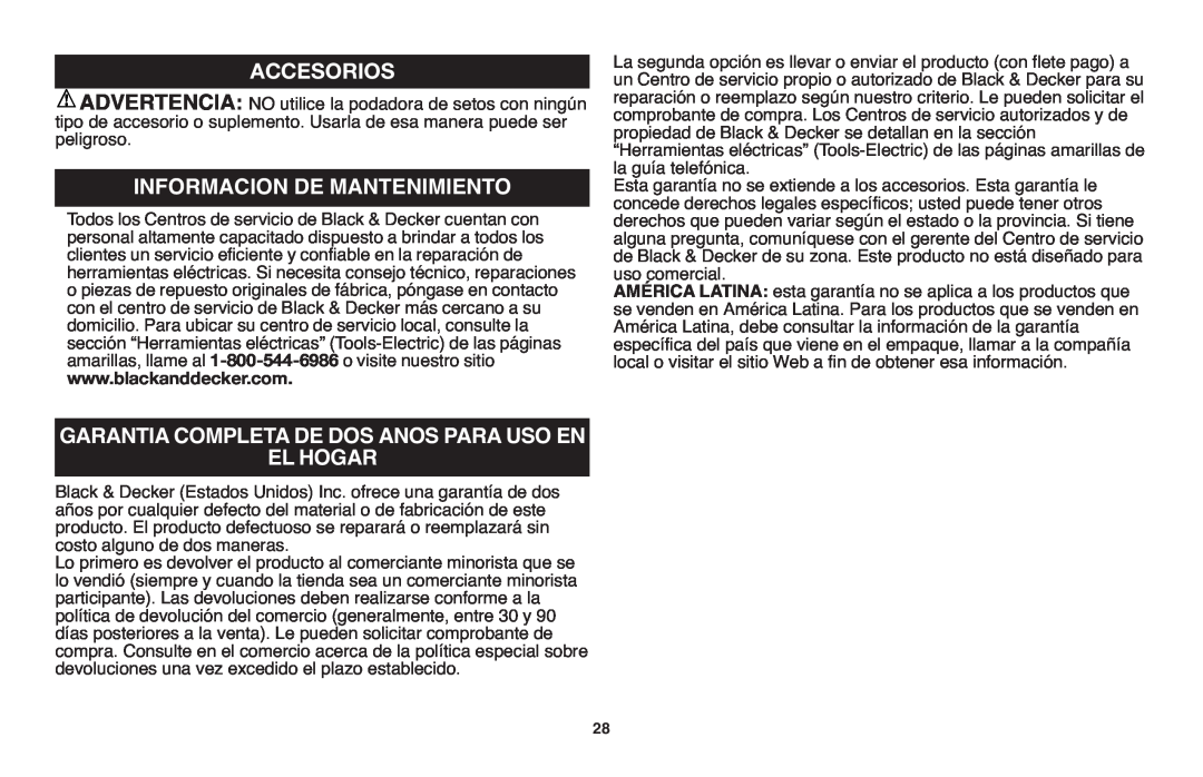 Black & Decker HT20, HT22, HT18 Advertencia Accesorios, Garantia Completa De Dos Anos Para Uso En, El Hogar 