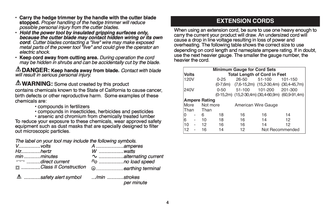 Black & Decker HT20, HT22, HT18 instruction manual Extension Cords 