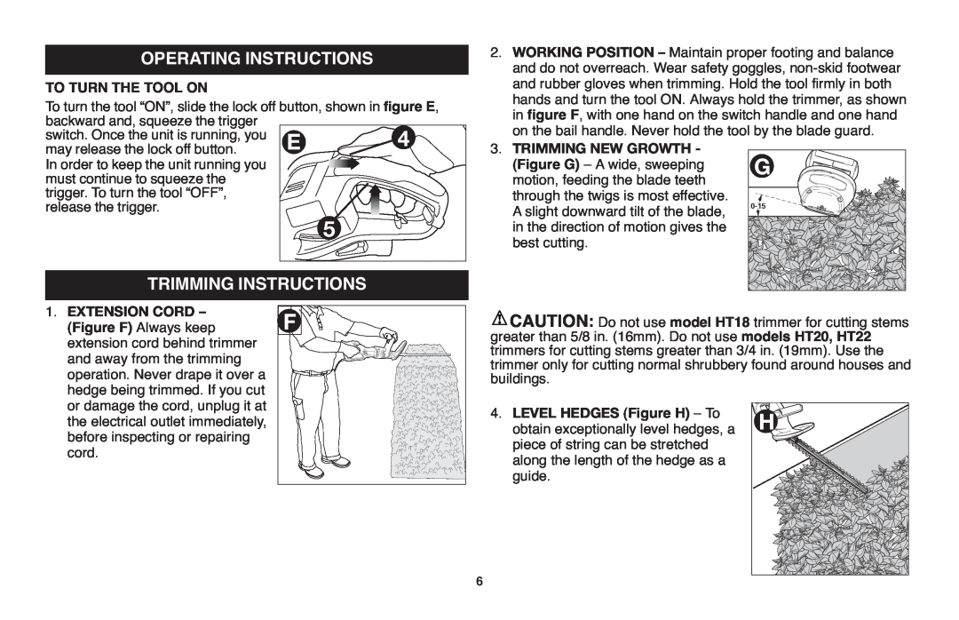 Black & Decker HT22, HT20 Operating Instructions, Trimming Instructions, Trimming New Growth, LEVEL HEDGES Figure H - To 