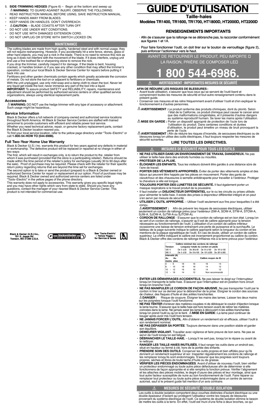 Black & Decker HT1800D Guide D’Utilisation, Taille-haies, Renseignements Importants, La Raison, Prière De Composer Le 