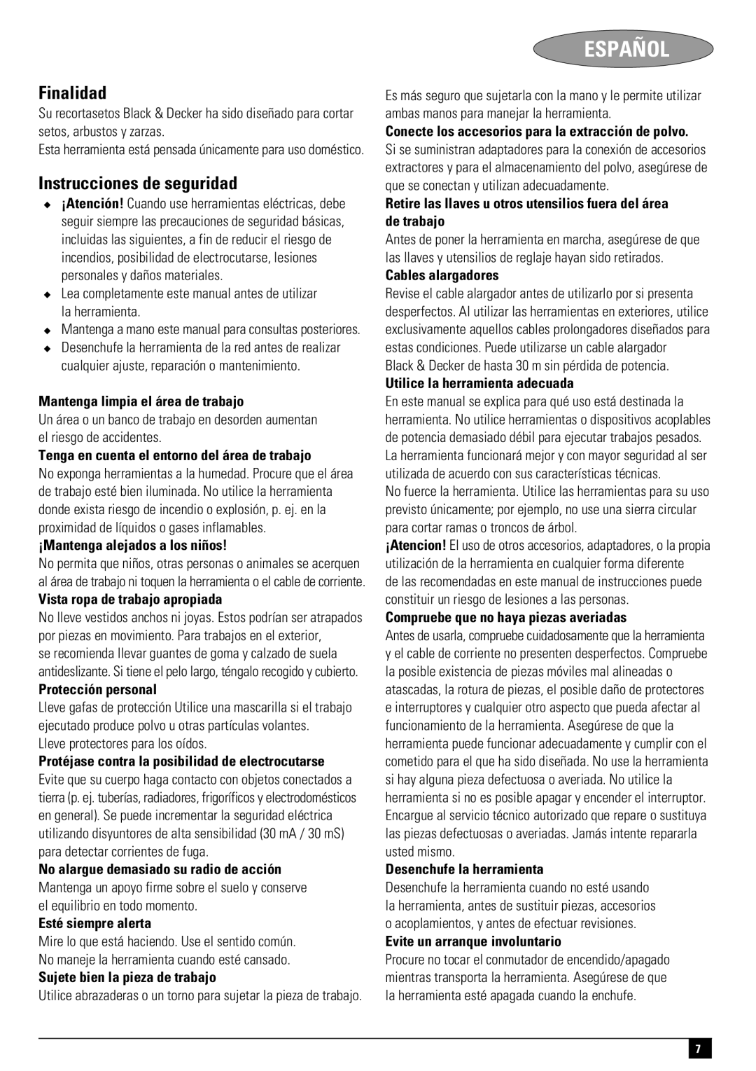 Black & Decker 477435-02-PDF1, HT420 instruction manual Finalidad, Instrucciones de seguridad 