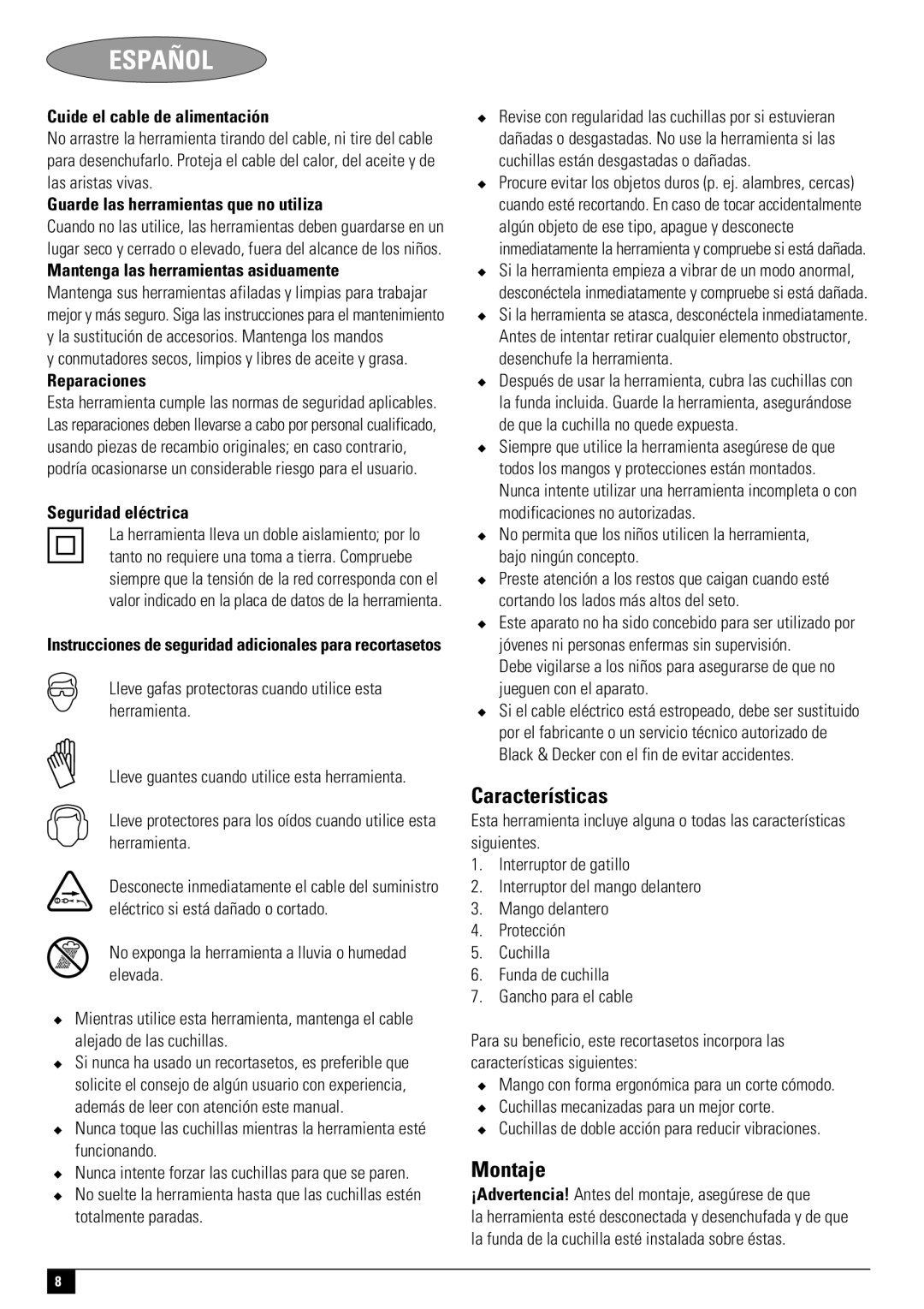 Black & Decker HT420, 477435-02-PDF1 instruction manual Características, Montaje 