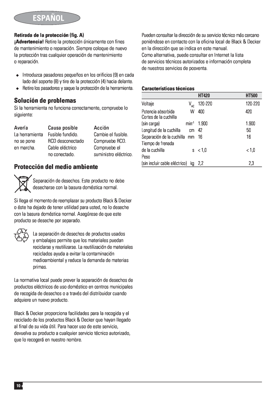 Black & Decker HT420, 477435-02-PDF1 Solución de problemas, Protección del medio ambiente, Español, RCD desconectado 