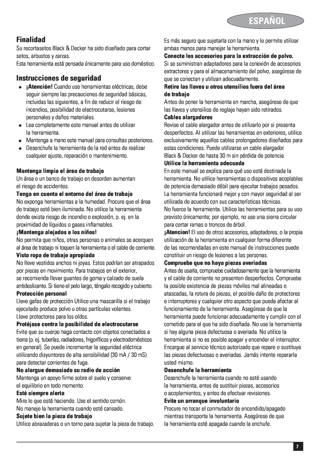 Black & Decker 477435-02-PDF1, HT420 instruction manual Español, Finalidad, Instrucciones de seguridad 