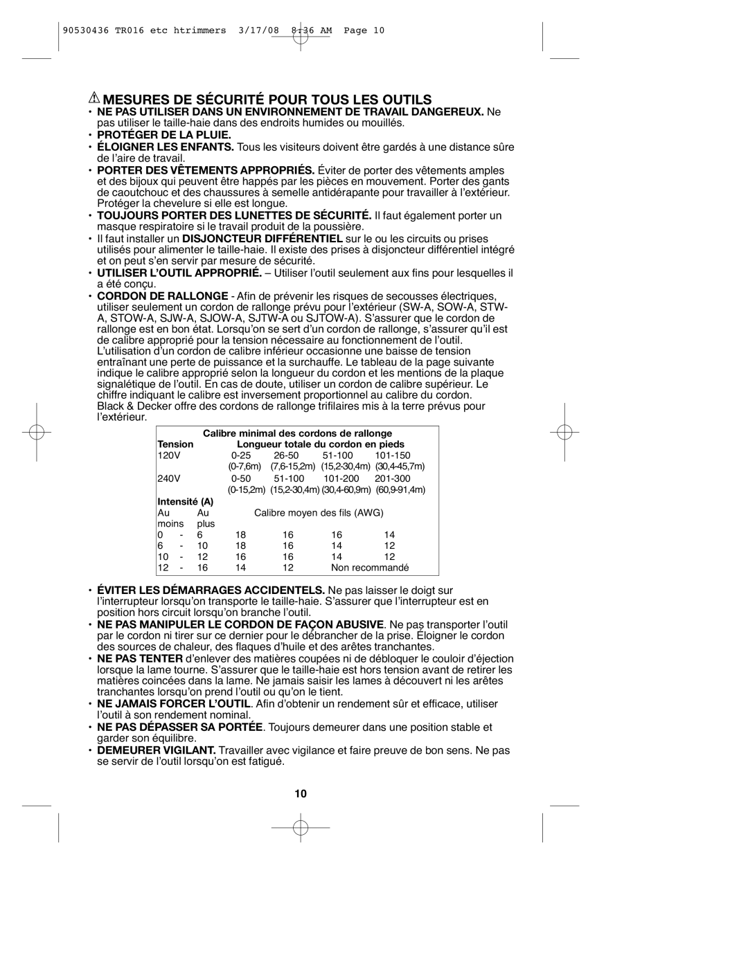 Black & Decker HT018, HT512, HT020, HT012, TR017, TR016, HT022 Mesures DE Sécurité Pour Tous LES Outils, Protéger DE LA Pluie 