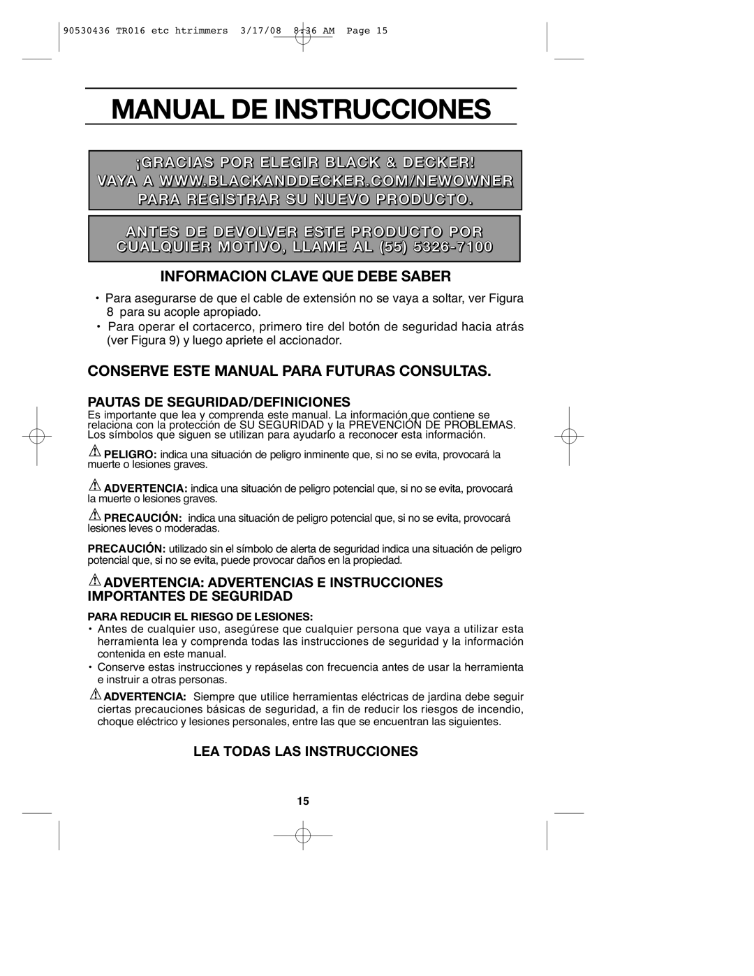 Black & Decker HT020 Pautas DE SEGURIDAD/DEFINICIONES, LEA Todas LAS Instrucciones, Para Reducir EL Riesgo DE Lesiones 