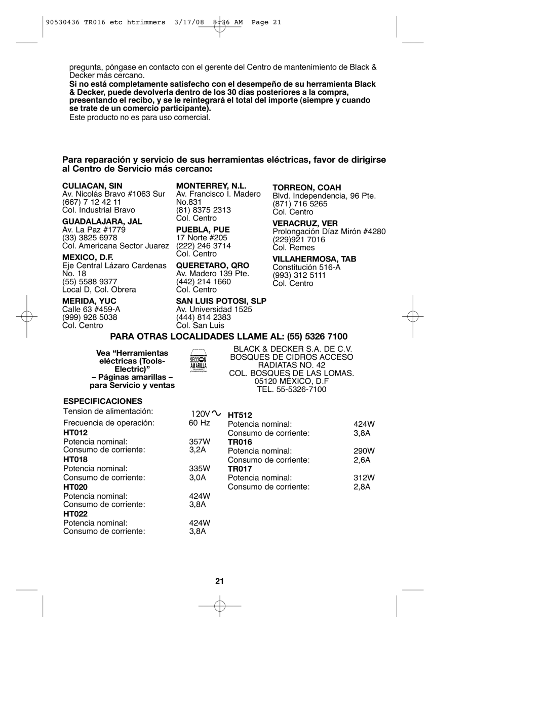 Black & Decker HT512, HT020, HT012 Culiacan, Sin Monterrey, N.L, Guadalajara, Jal, Puebla, Pue, Mexico, D.F, Queretaro, Qro 