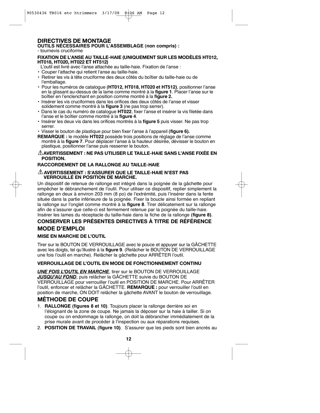 Black & Decker TR016 Directives De Montage, Mode D’Emploi, Méthode De Coupe, Raccordement De La Rallonge Au Taille-Haie 
