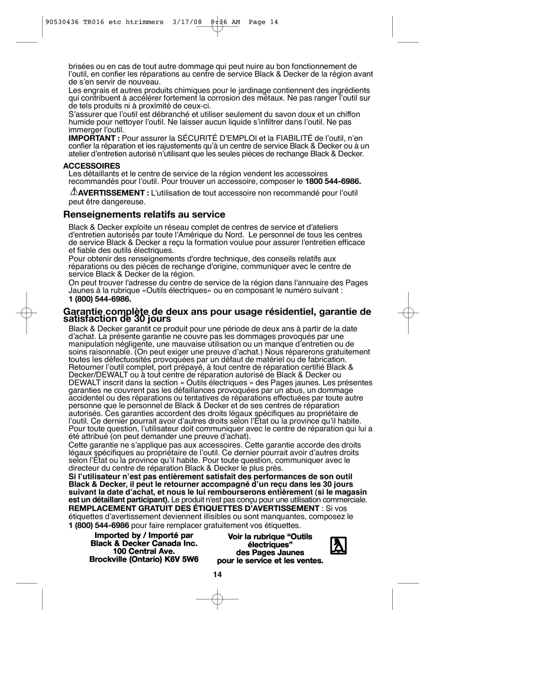 Black & Decker HT512, HT020, HT012, HT018, TR017 Renseignements relatifs au service, Accessoires, Brockville Ontario K6V 5W6 