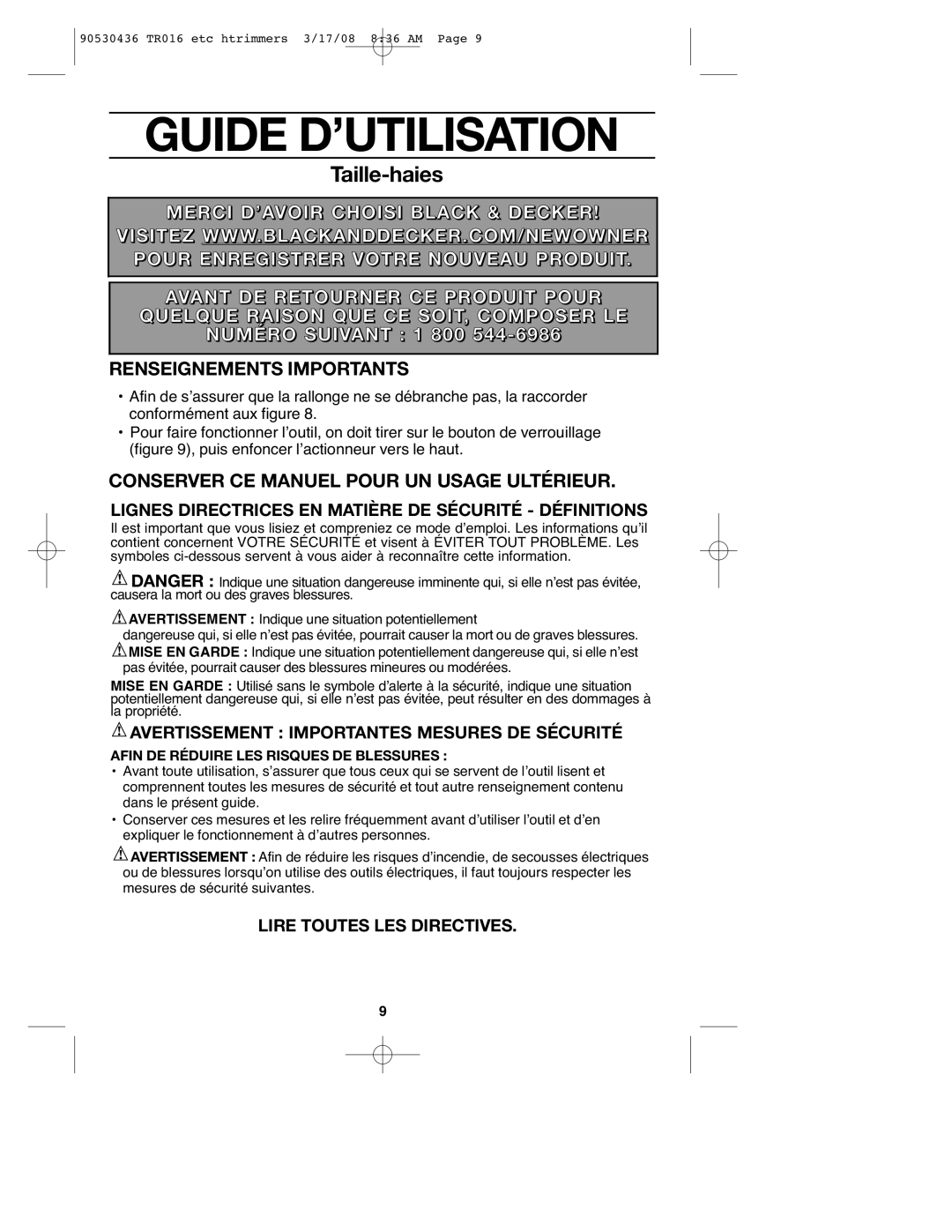 Black & Decker HT012 Guide D’Utilisation, Taille-haies, Merci D’Avoir Choisi Black & Decker, Renseignements Importants 