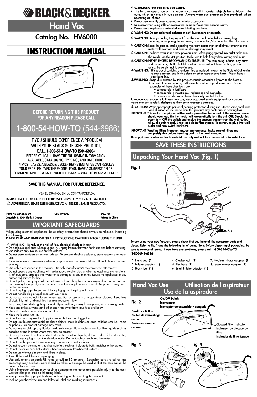 Black & Decker 5145522-00 instruction manual Catalog No. HV6000, Important Safeguards, Hand Vac Use, HOW-TO 544 