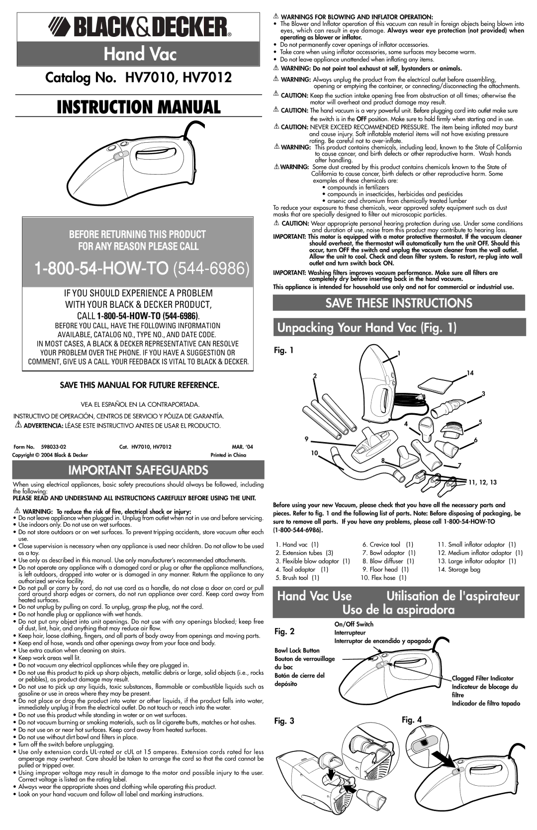 Black & Decker HV7012, HV7010, 598033-02 instruction manual Unpacking Your Hand Vac Fig 