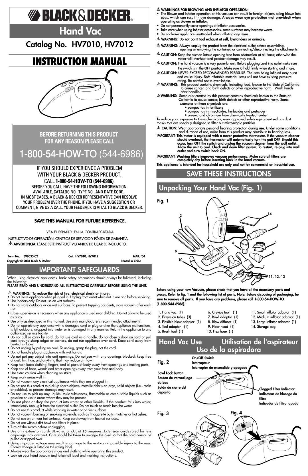 Black & Decker instruction manual Catalog No. HV7010, HV7012, Important Safeguards, Hand Vac Use, HOW-TO 544 