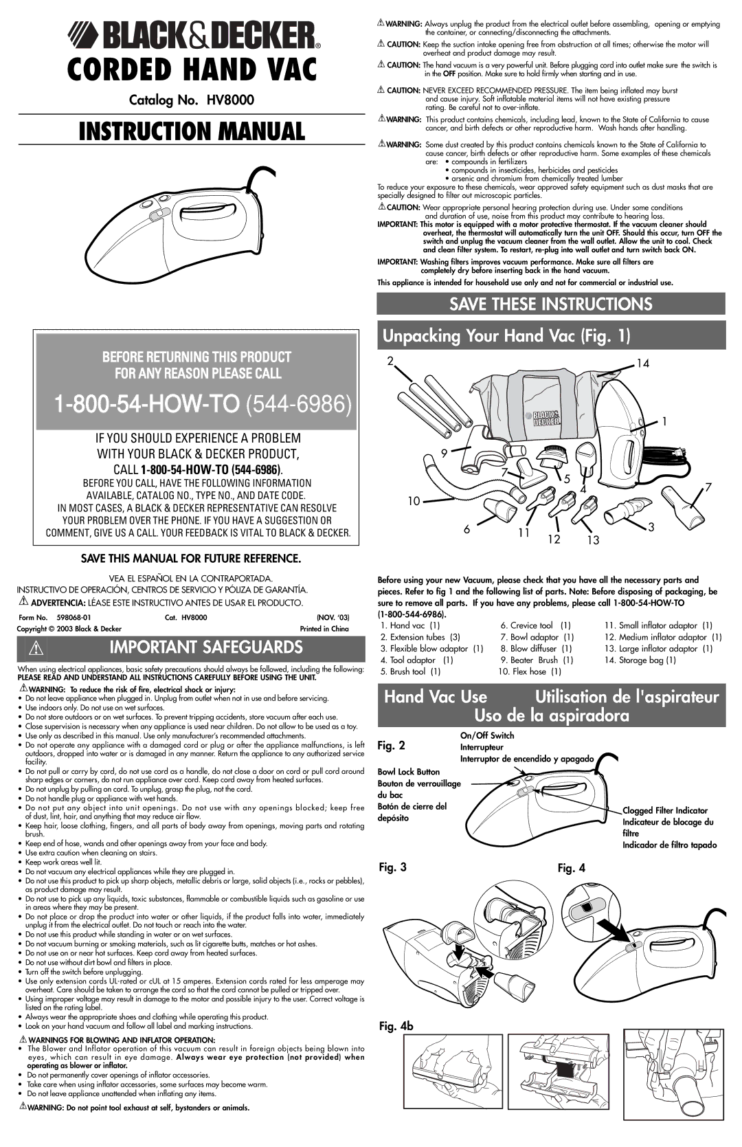 Black & Decker 598068-01, HV8000 instruction manual Unpacking Your Hand Vac Fig, Hand Vac Use, Uso de la aspiradora 