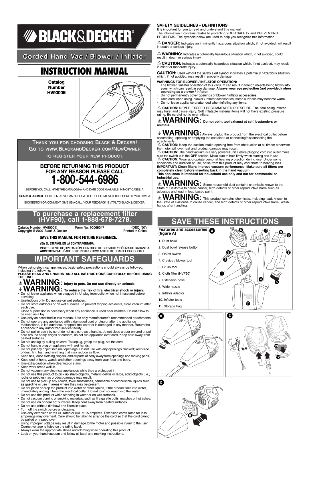 Black & Decker 90068347 instruction manual Instruction Manual, Corded Hand Vac / Blower / Inflator, Catalog Number HV9000E 
