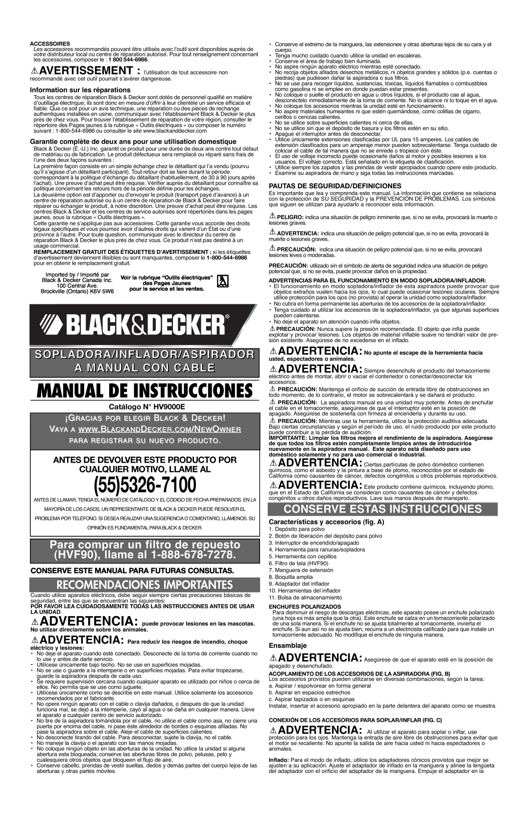 Black & Decker Manual De Instrucciones, Sopladora/Inflador/Aspirador A Manual Con Cable, Catálogo N HV9000E, Ensamblaje 