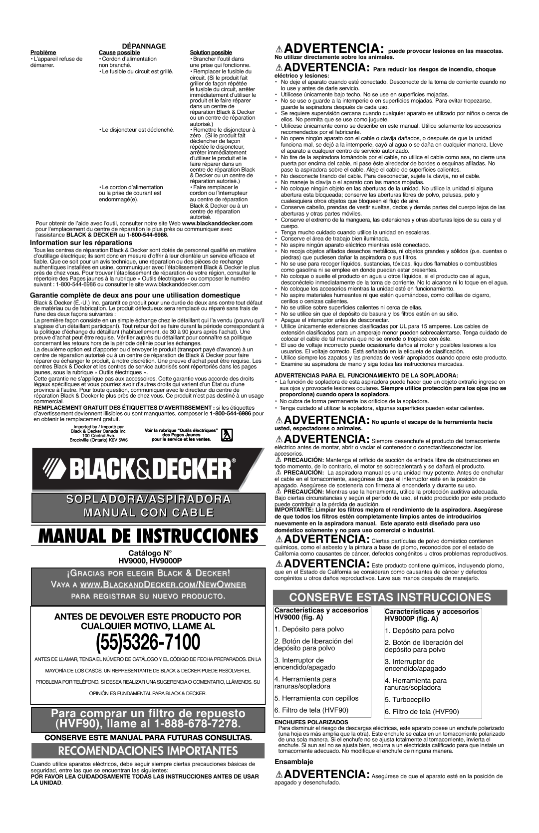 Black & Decker HV9000 Manual De Instrucciones, Sopladora/Aspiradora Manual Con Cable, Conserve Estas Instrucciones 