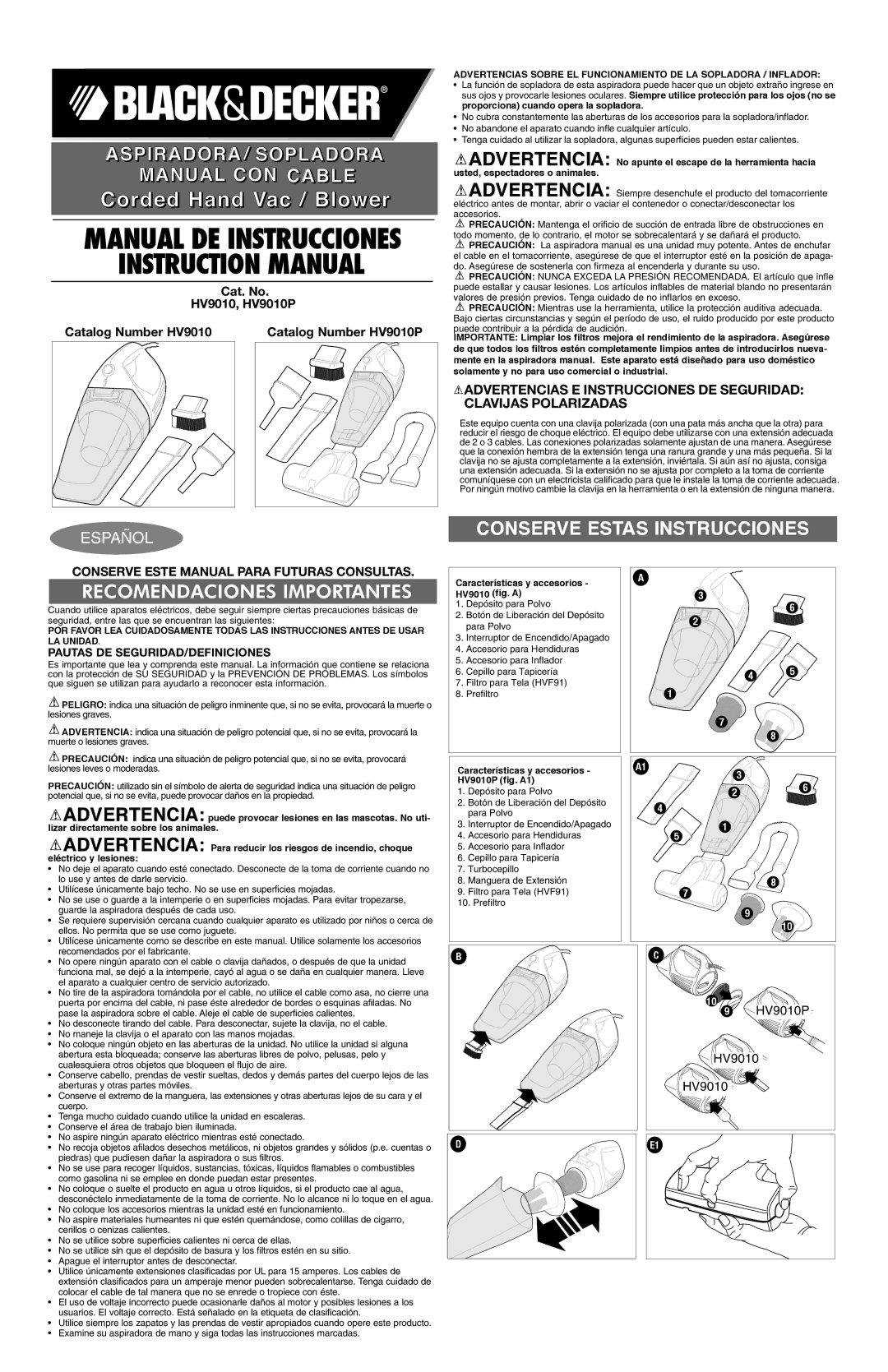 Black & Decker HV9010P instruction manual ASPIRADORA/ Sopladora Manual CON Cable, Conserve Estas Instrucciones 