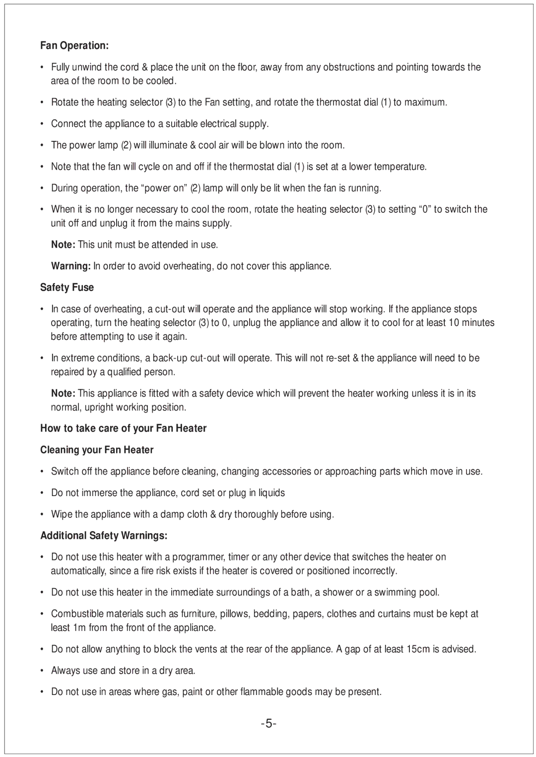 Black & Decker HX175, HX280 Fan Operation, Safety Fuse, How to take care of your Fan Heater, Additional Safety Warnings 