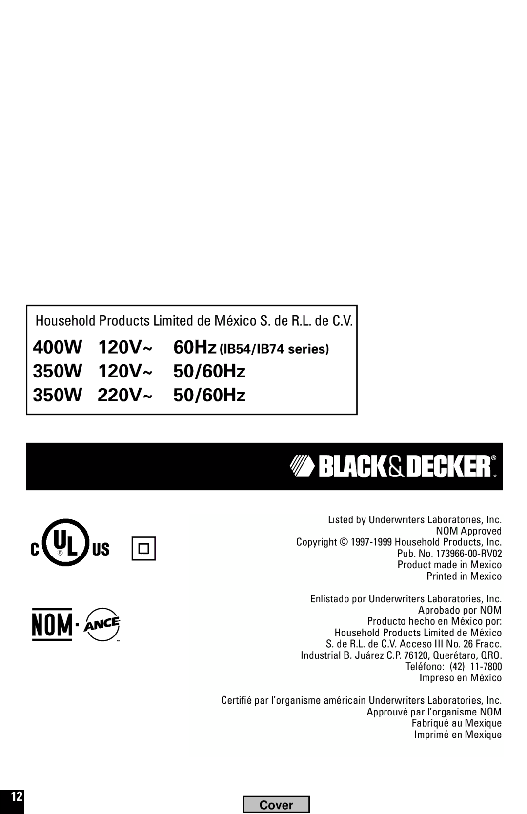 Black & Decker IB10, IB53, IB12 manual 350W 120V~ 50/60Hz 350W 220V~ 50/60Hz, 400W 120V~ 60Hz IB54/IB74 series 