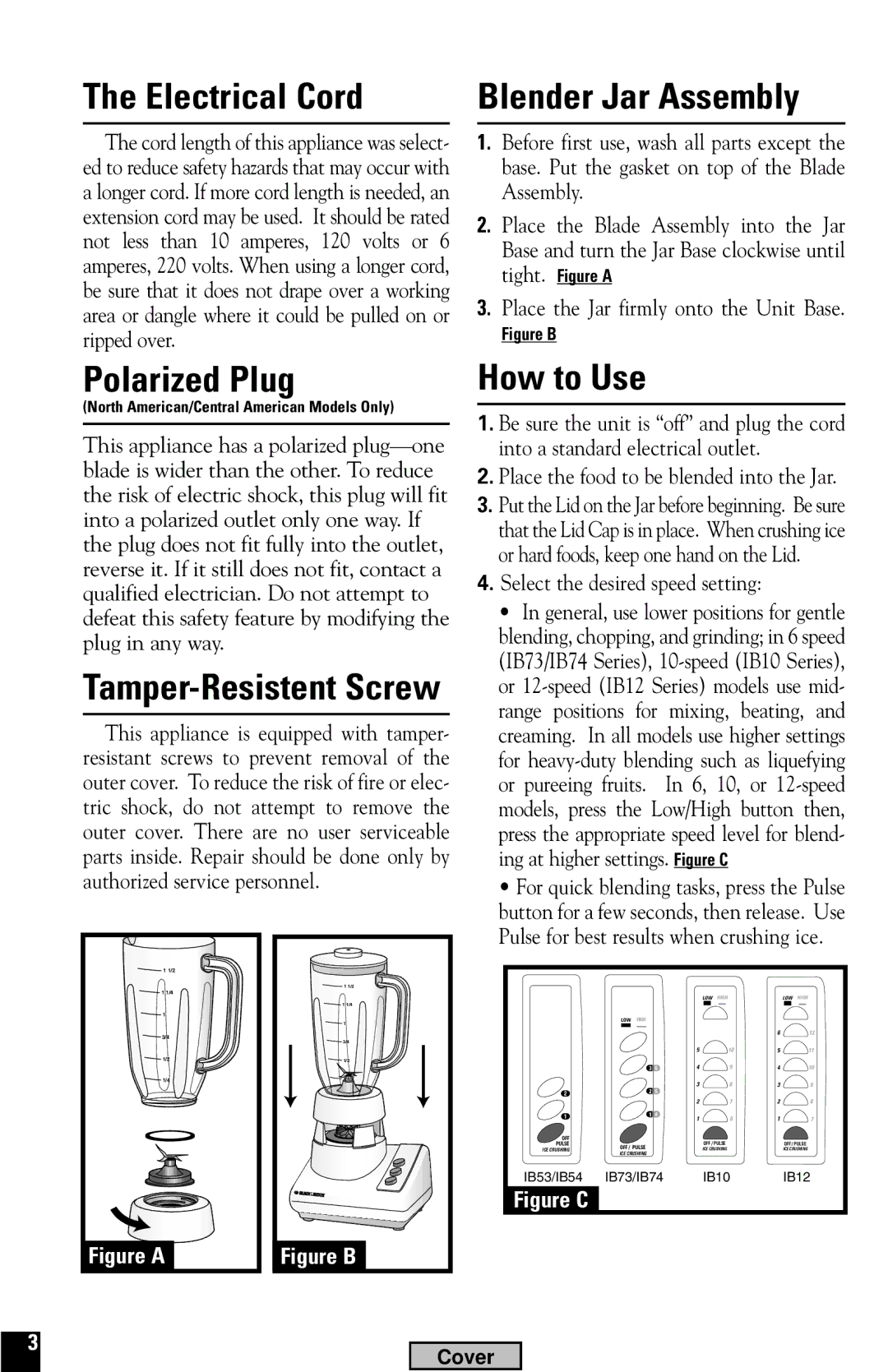 Black & Decker IB12, IB74, IB10, IB53 manual Electrical Cord, Blender Jar Assembly, Polarized Plug, How to Use 