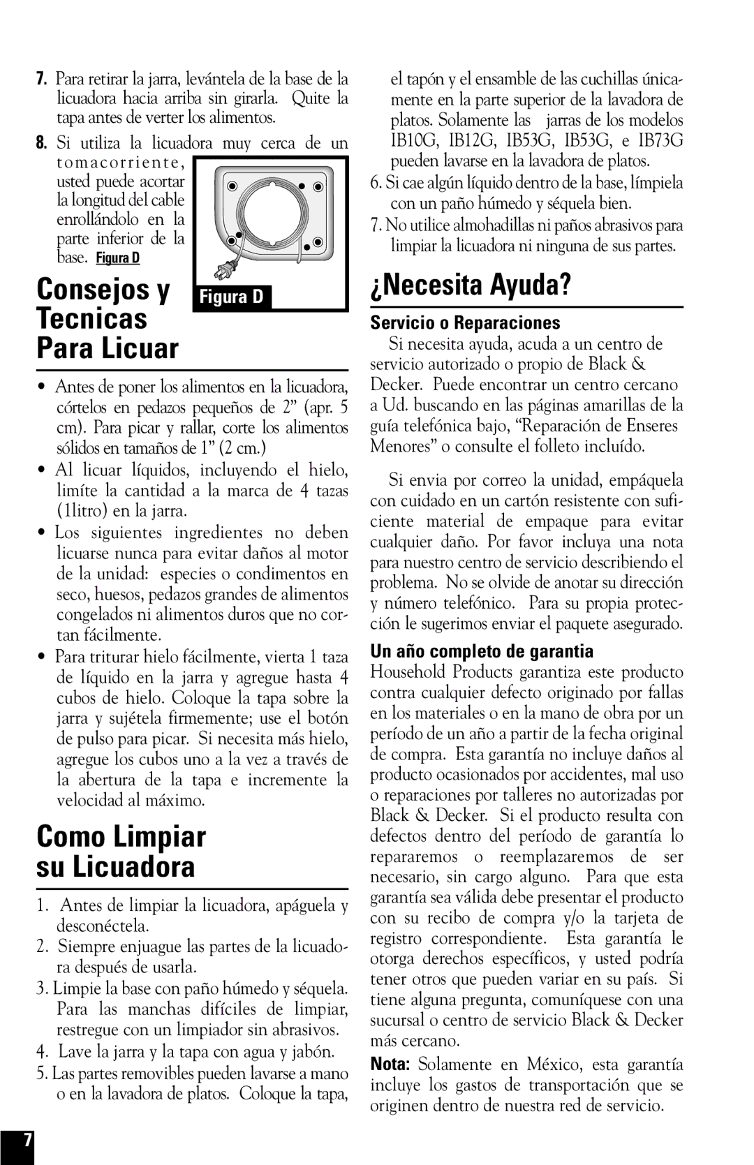 Black & Decker IB12, IB74, IB10, IB53 Consejos y Figura D Tecnicas Para Licuar, ¿Necesita Ayuda?, Servicio o Reparaciones 