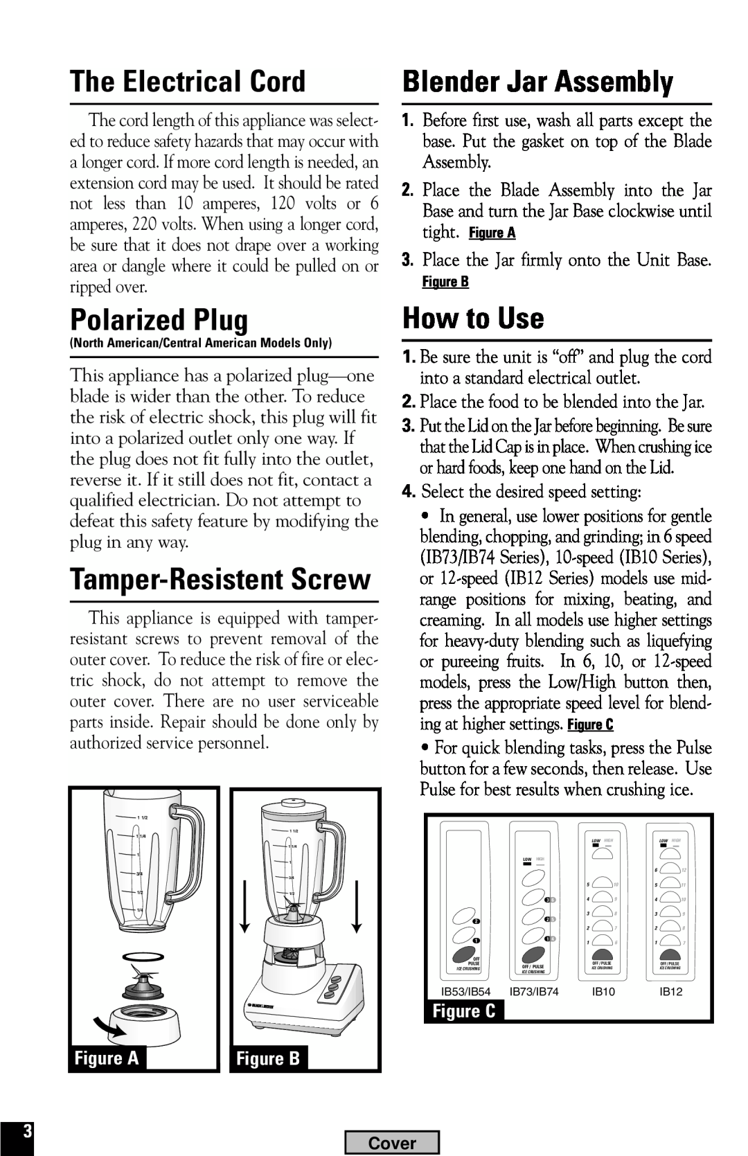 Black & Decker IB12 The Electrical Cord, Blender Jar Assembly, Polarized Plug, How to Use, Figure A, Figure B, Figure C 